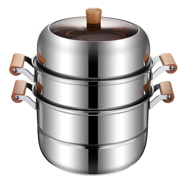 Solid Wood Handle Stainless Steel Multi-layer Steamer Soup Pot – Three-layer Large Capacity