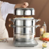 Solid Wood Handle Stainless Steel Multi-layer Steamer Soup Pot – Three-layer Large Capacity - Image 2
