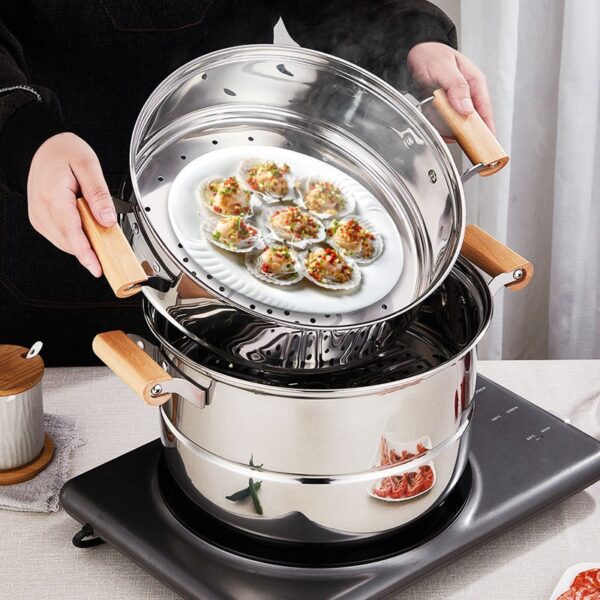 Solid Wood Handle Stainless Steel Multi-layer Steamer Soup Pot – Three-layer Large Capacity - Image 3